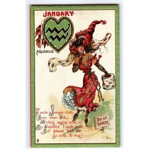 Tuck Postcard Dwig Aquarius Lady Ice Skater Zodiac January Thin Ice Danger 128